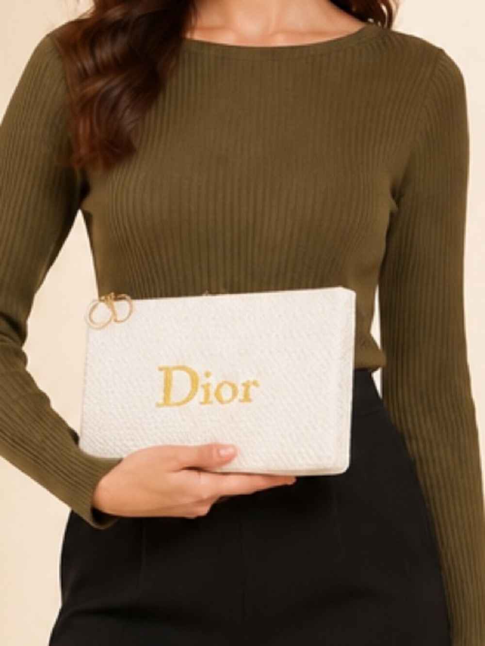 Dior White Raffia Pouch with Yellow Embroidered Logo LIMITED EDITION